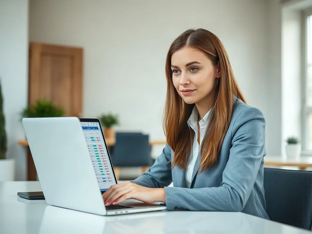 Kobieta pracująca przy laptopie z arkuszem kalkulacyjnym w jasnym, nowoczesnym biurze domowym.