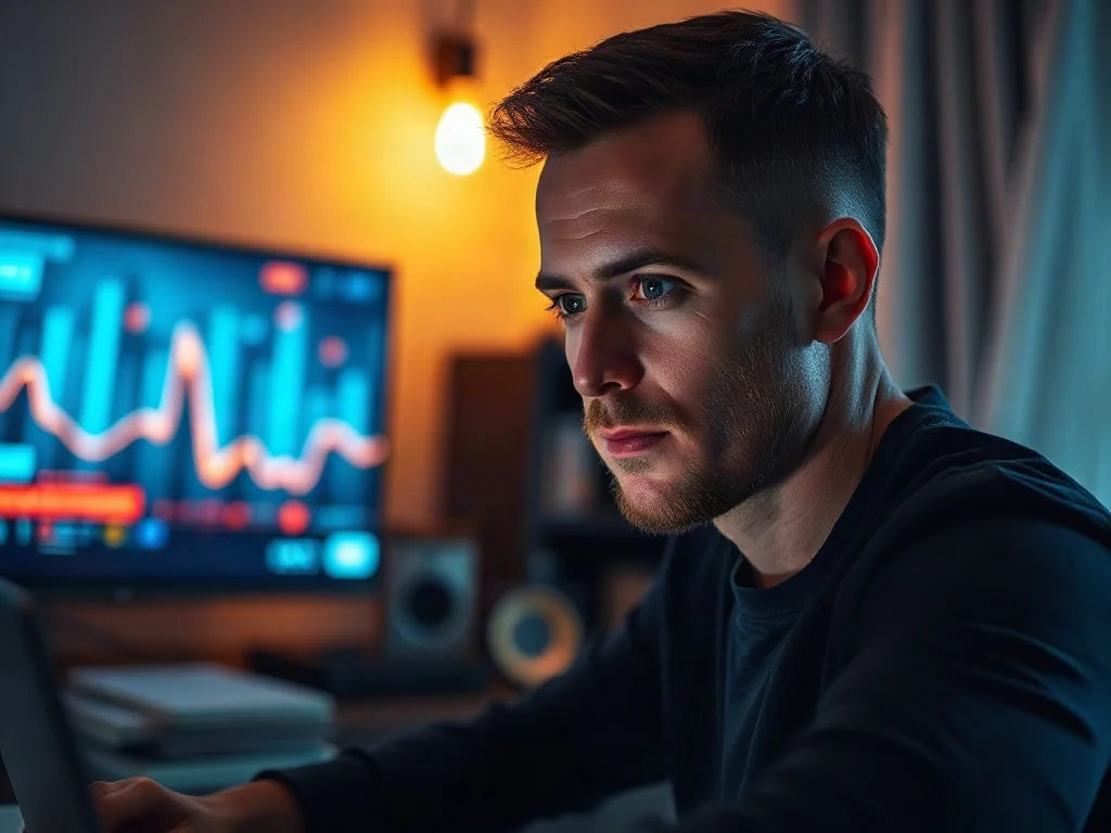 Mężczyzna pracujący przy laptopie w domowym biurze, z rozmytym ekranem telewizora wyświetlającym strumienie danych w tle.