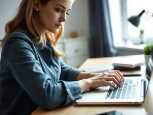 Mężczyzna pracujący przy laptopie w domowym biurze, z rozmytym ekranem telewizora wyświetlającym strumienie danych w tle.