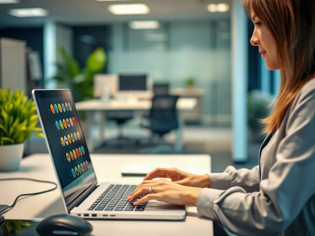 Kobieta pracująca przy laptopie, na którego ekranie widoczne jest menu z kolorowymi emotikonami.