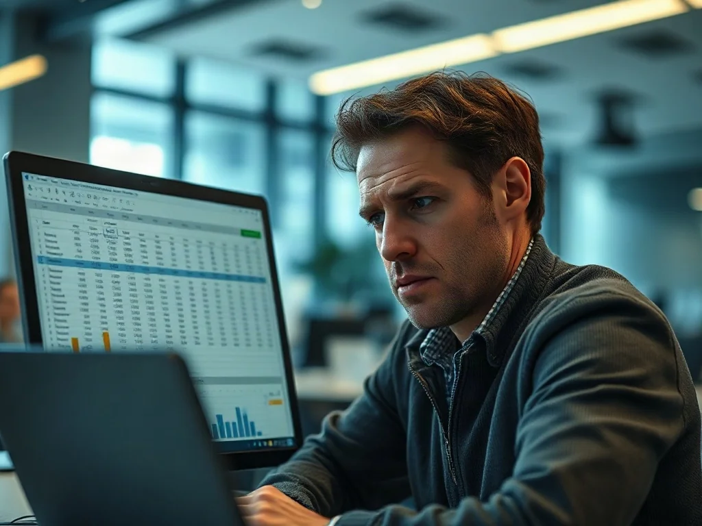 Zestresowany pracownik biurowy patrzący na ekran laptopa z zaciętym arkuszem kalkulacyjnym Excel.