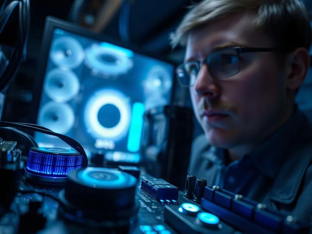Płyta główna komputera z podświetleniem LED w tle z pracującym przy monitorze specjalistą IT.