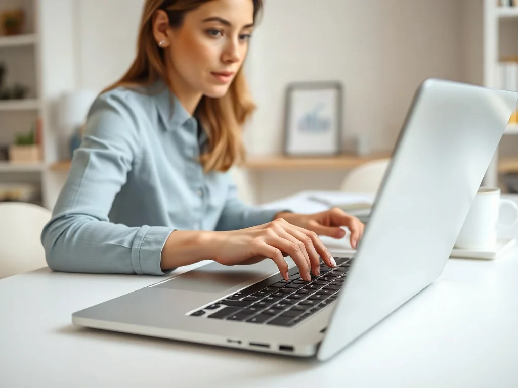 Kobieta pracująca przy laptopie w jasnym biurze, ilustrująca proces tworzenia dokumentów w programie Word.