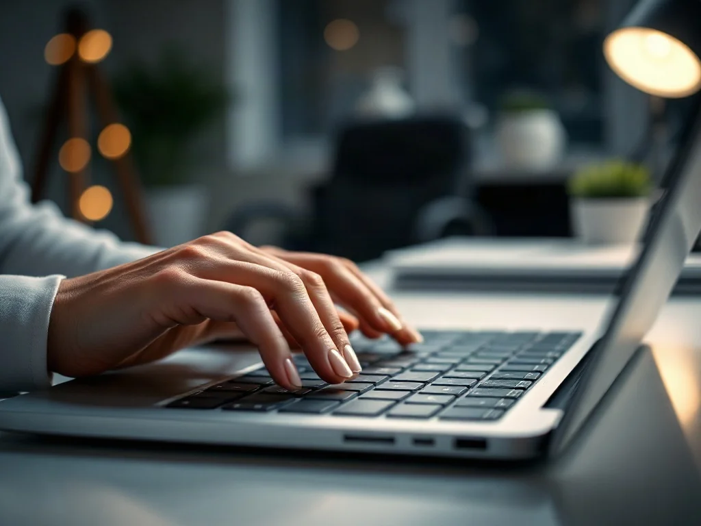 Dłonie osoby piszącej na nowoczesnej klawiaturze laptopa w jasnym, minimalistycznym biurze.