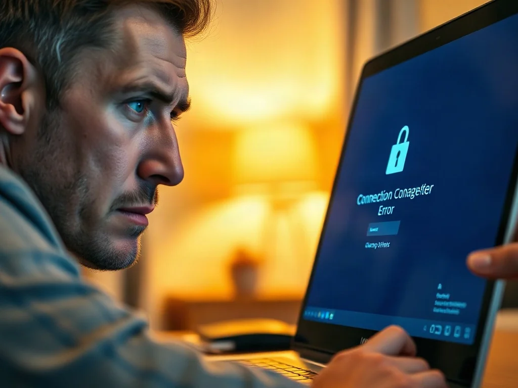 Zirytowany mężczyzna przed laptopem z ikoną błędu połączenia sieciowego, ilustrujący problem z brakiem dostępu do Wi-Fi.