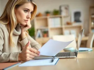Kobieta wskazuje na ekran laptopa z otwartym oknem ustawień strony w programie Word, prezentując zmianę orientacji dokumentu.