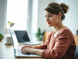 Kobieta wskazuje na ekran laptopa z otwartym oknem ustawień strony w programie Word, prezentując zmianę orientacji dokumentu.