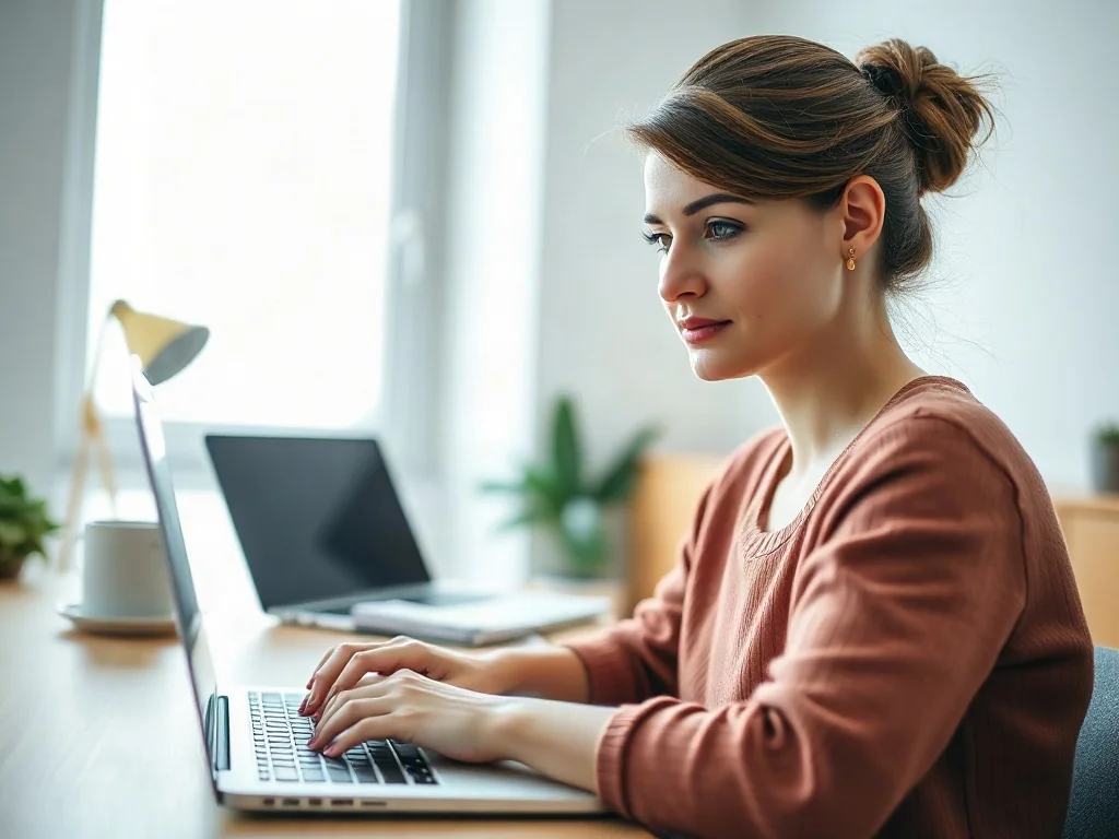 Kobieta pracująca przy laptopie w jasnym biurze, na którego ekranie widoczne są przypisy dolne w dokumencie tekstowym.
