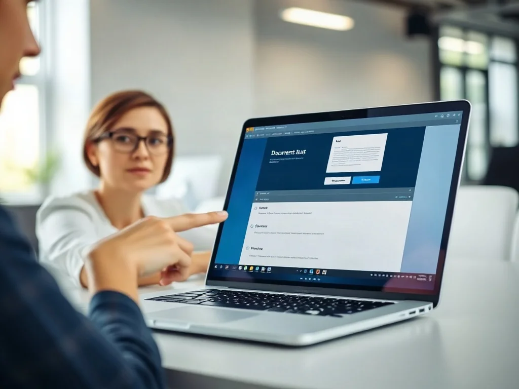 Kobieta wskazuje na ekran laptopa z otwartym oknem ustawień strony w programie Word, prezentując zmianę orientacji dokumentu.