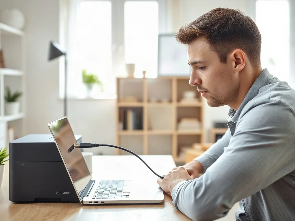 Mężczyzna podłączający drukarkę do laptopa za pomocą kabla USB w nowoczesnym biurze domowym.