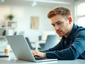 Kobieta pracująca przy laptopie w nowoczesnym biurze domowym, skupiona na edycji dokumentu tekstowego.